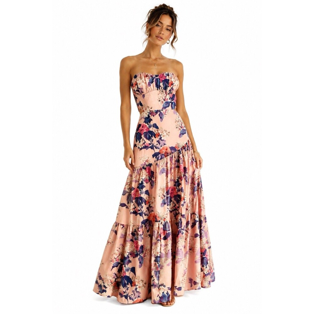 Hello Molly Pink Floral Strapless Cutout Tiered Maxi Dress XS US 2